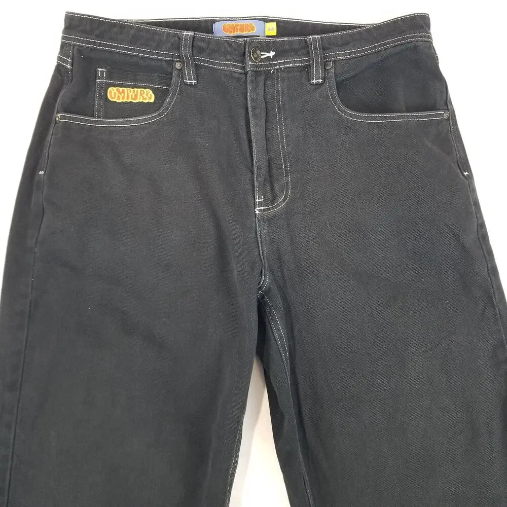 Empyre Jeans Mens 34 Black Relax Wide Leg Baggy Y2K Frayed Denim Skater
